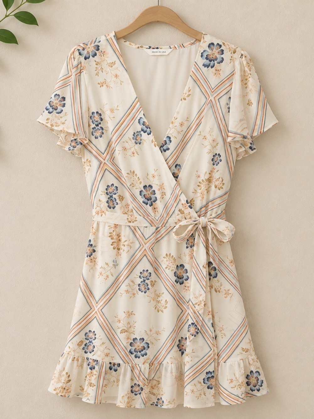 LC Lauren Conrad Floral Wrap Mini Dress in Cream and Blue